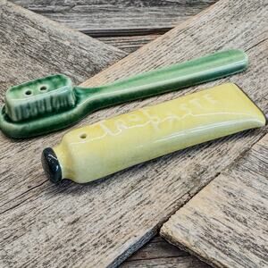 Vintage Ceramic Toothbrush and “Toof” Paste Salt and Pepper Shakers Set, 3.5”L